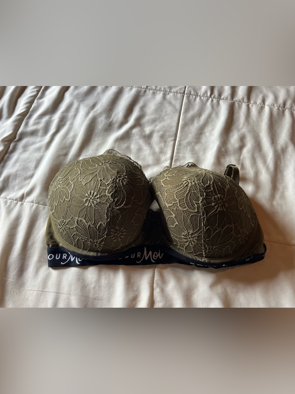 Lace-Trim Padded Balconette Bra in Olive Green by Pour Moi